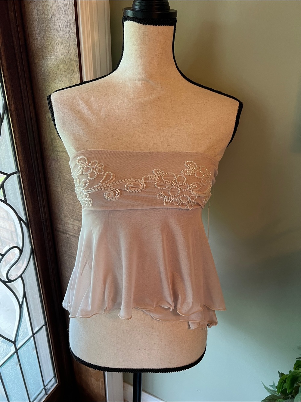 Embroidered Strapless Peplum Top in Light Beige